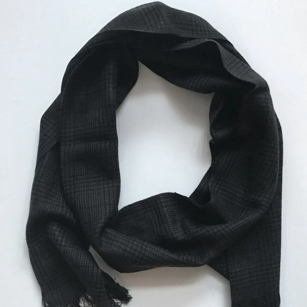 NEW Polo Ralph Lauren Wool Dress Scarf! Black & Gray Plaid Fringe 15 x 75